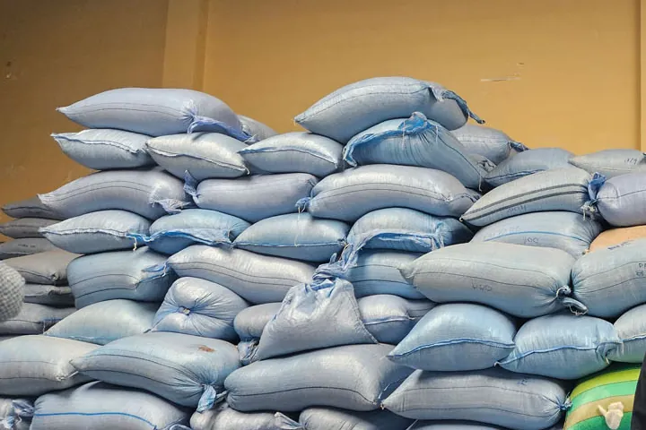 Warehouse area of the plant, with stacked sacks.