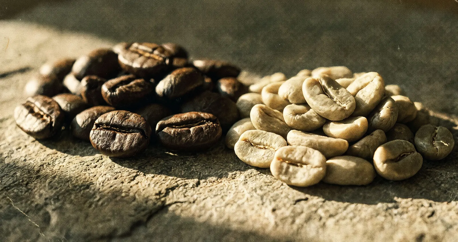 Seis granos de café tostado en fila sobre fondo oscuro
