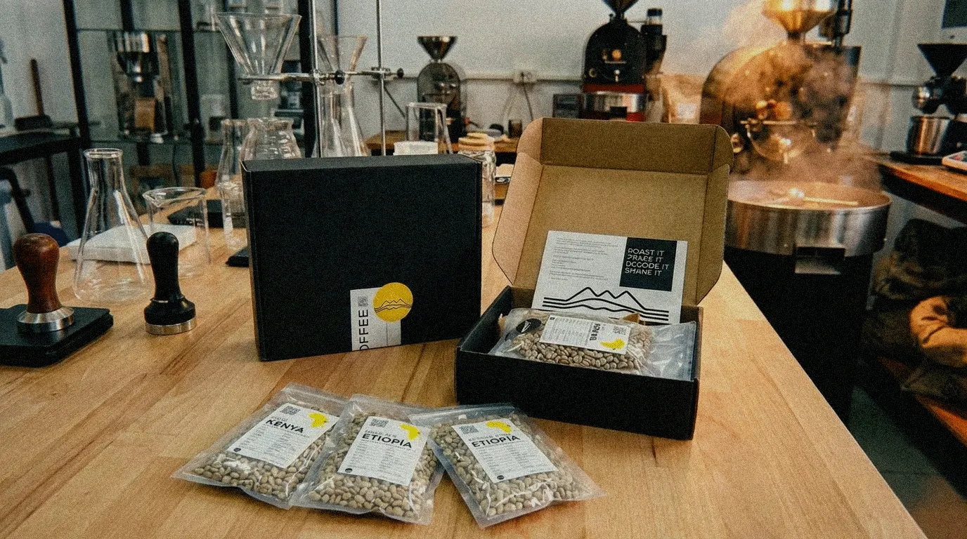 Black box of green coffee samples with bags from Kenya and Ethiopia on a roasting table