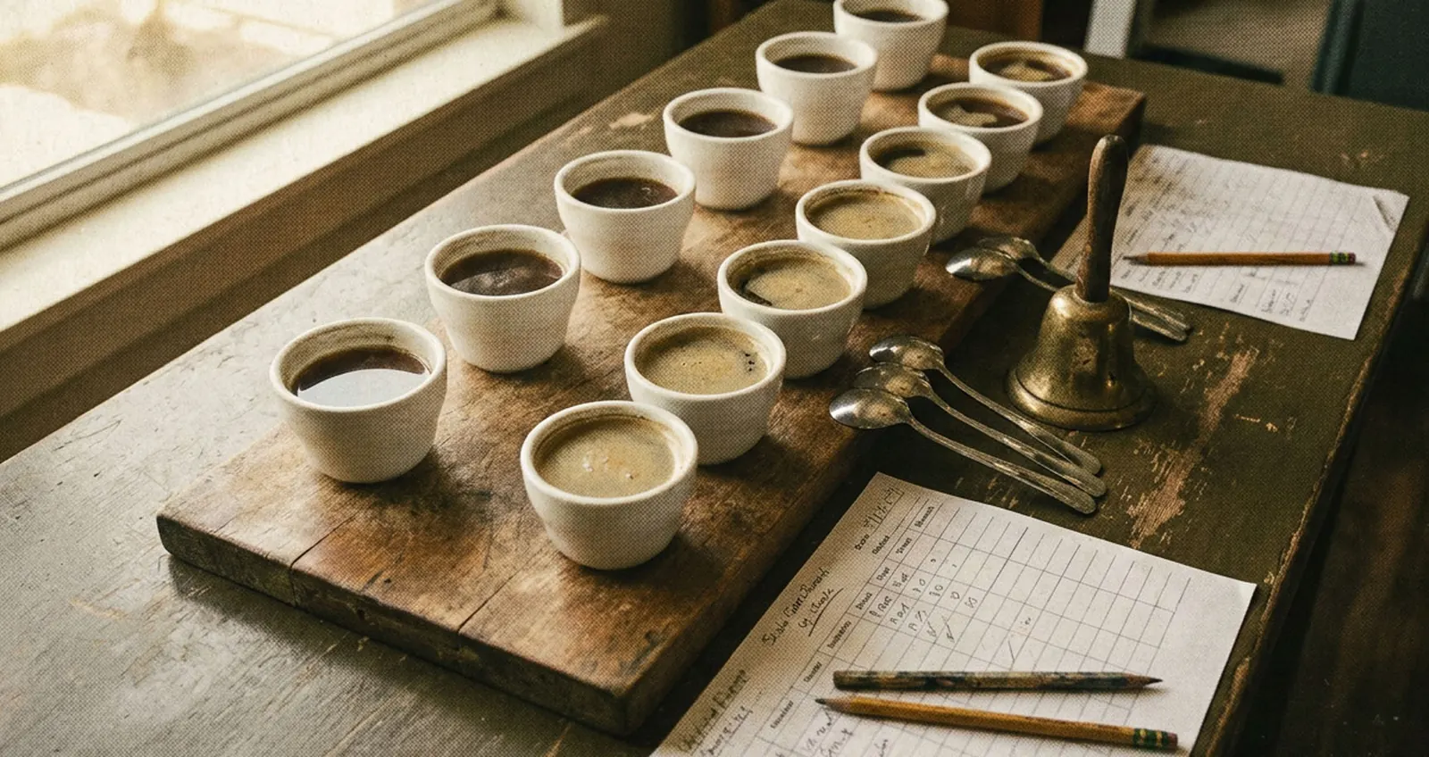 Cupping table with cups, spoons, bell and score sheets