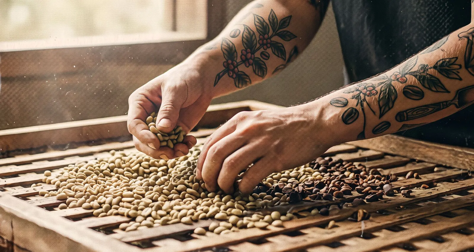 Hands of tattooed arms with coffee motifs sorting green beans on a wooden drying tray