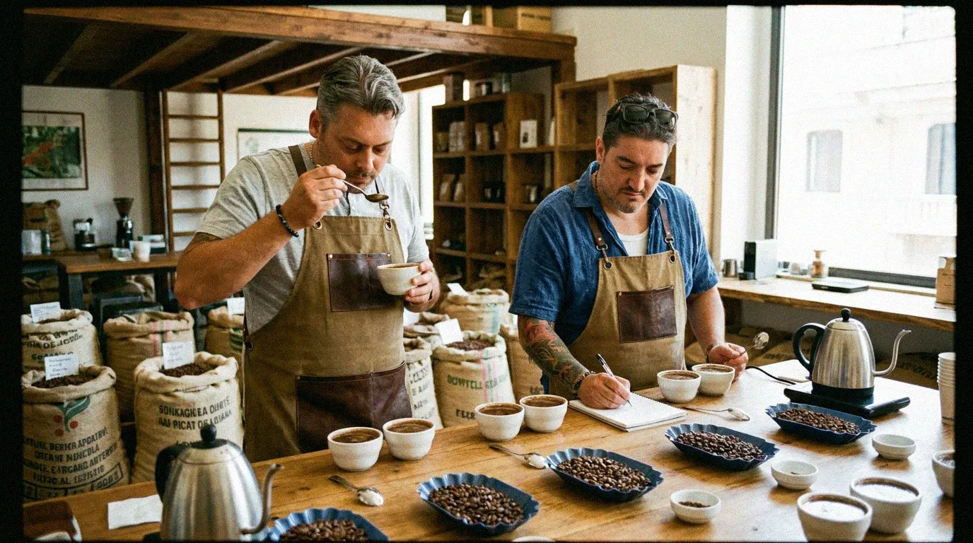 Dos catadores probando café en una mesa con tazas, cuencos de granos y sacos de yute