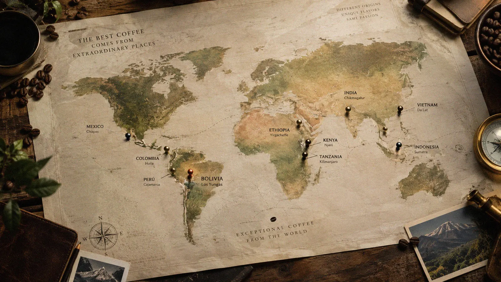 Mapa antiguo con los orígenes del café: Bolivia (Los Yungas), Perú, Colombia, México, Etiopía, Kenia, Tanzania, India, Vietnam e Indonesia