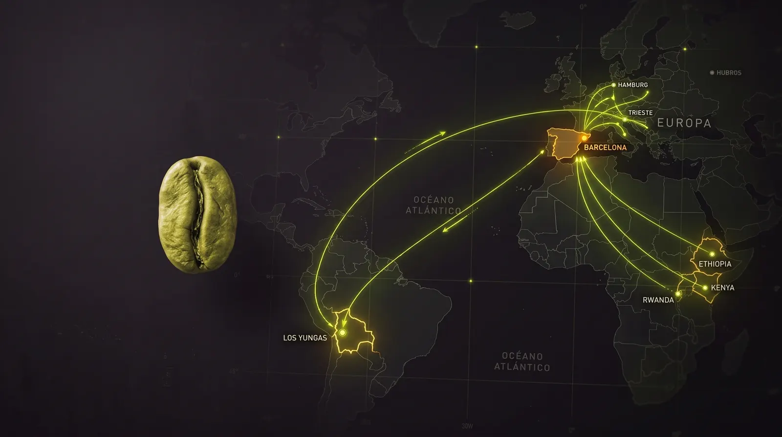 Mapa de rutas del café entre Los Yungas (Bolivia), Barcelona, Hamburgo, Trieste y orígenes africanos