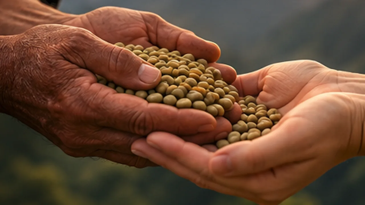 One pair of hands passing green coffee beans to another: a conceptual image of reciprocity and collaboration.