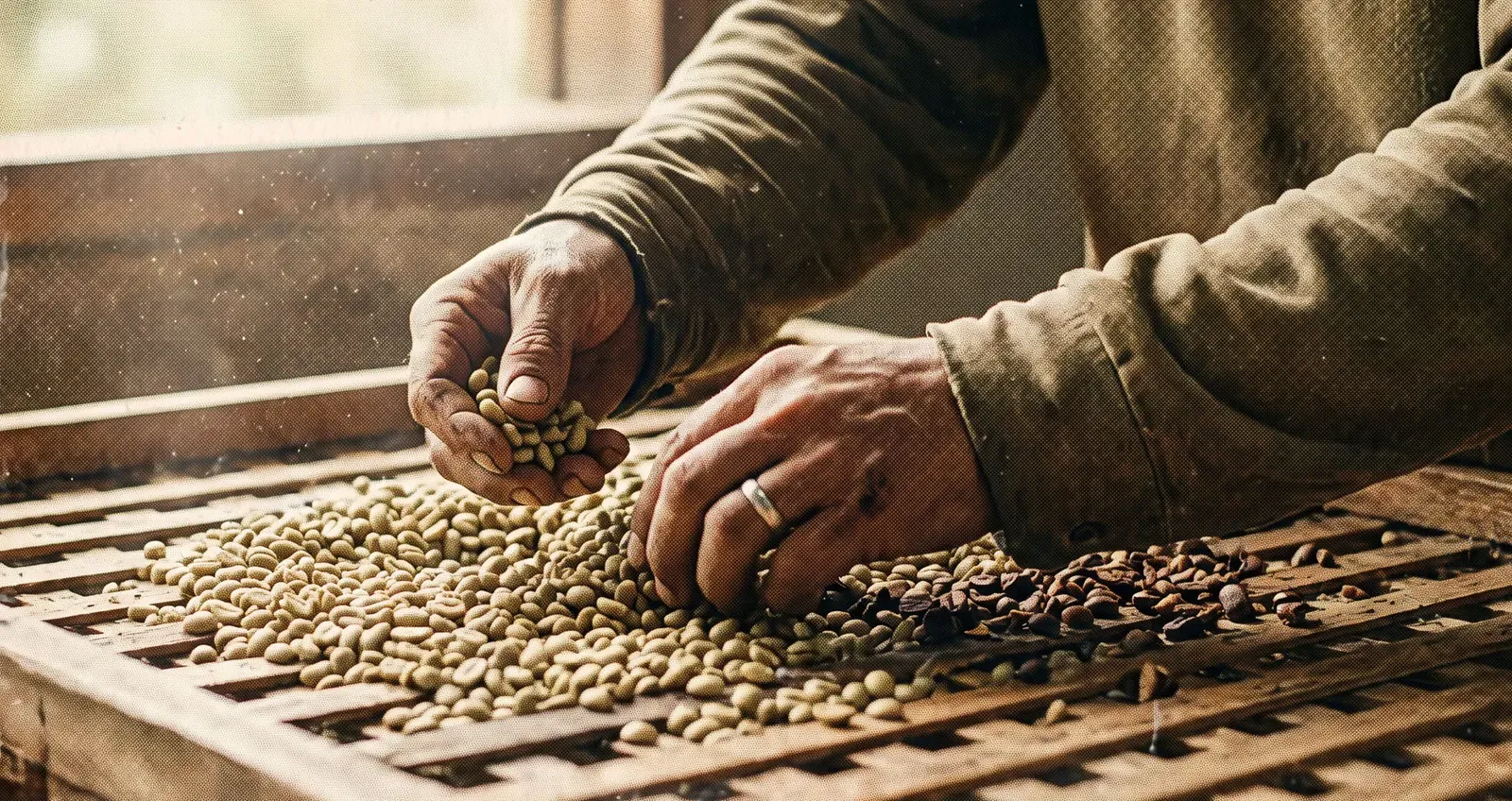Hands of a professional buyer sorting green coffee beans on a wooden drying tray.